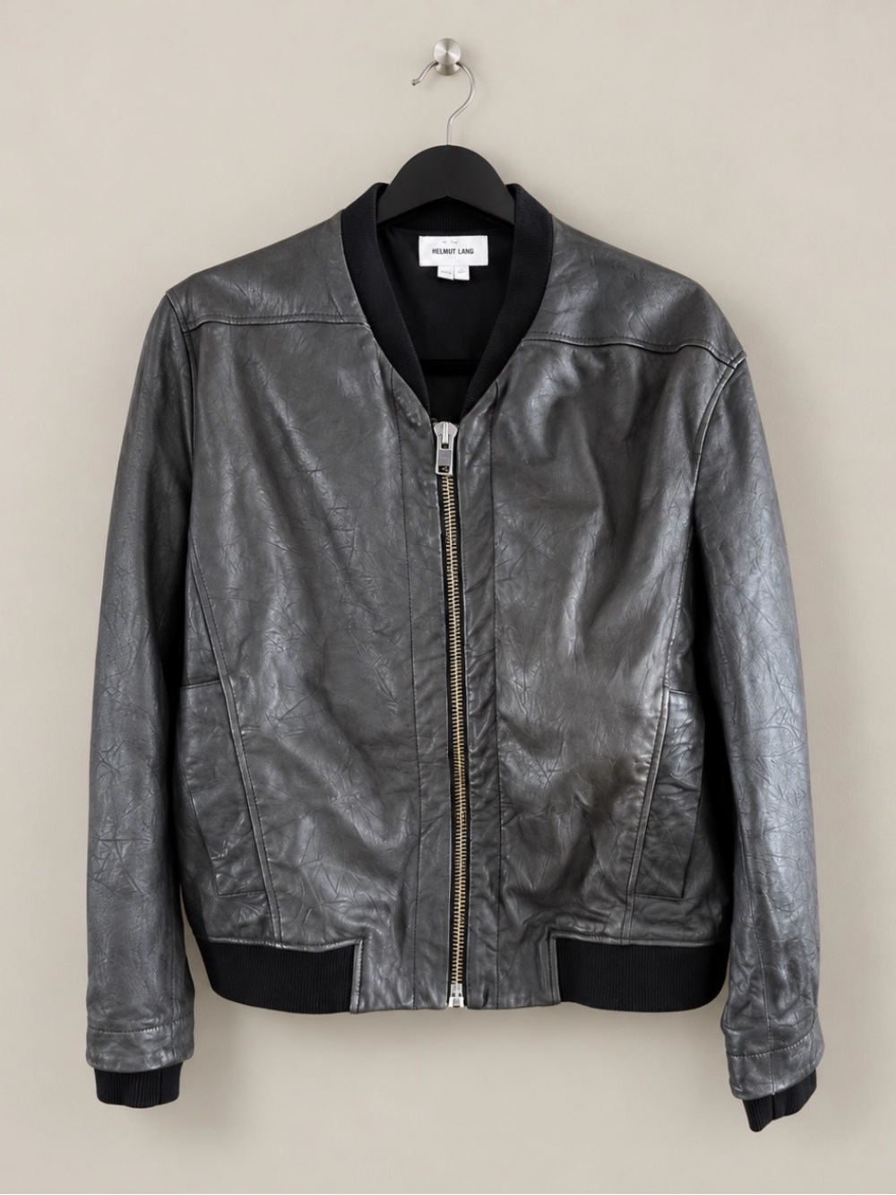 Helmut Lang Crinkled Lamb Leather Bomber Jacket Charcoal Black Women Large